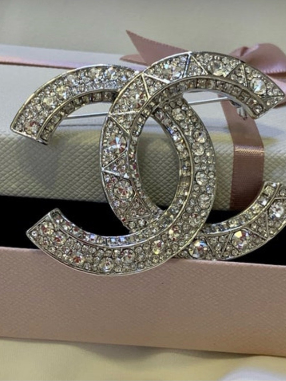 Crystal Double-C Logo Brooch - Silver Clear Rhinestones